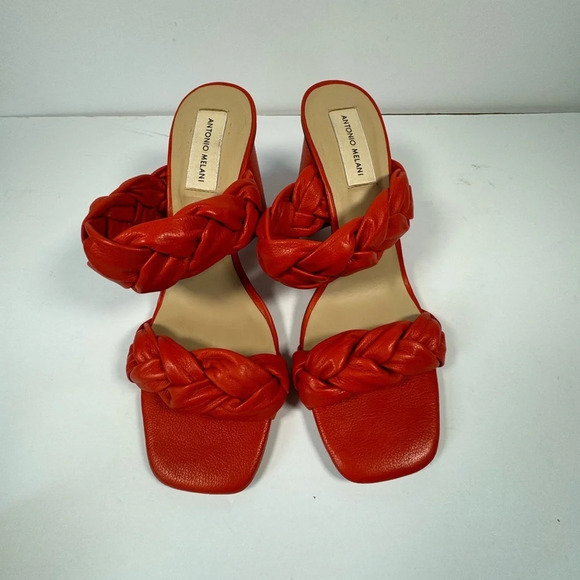 ANTONIO MELANI Shoes - Antonio Melani Red Orange Slide on Block Heel Braided Leather Heels Size 9.5